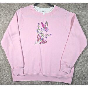 Vintage Double Collar Sweatshirt Embroidered Butterflies Floral Pink Women's M